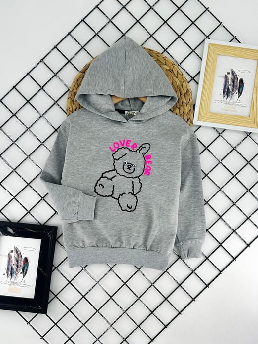 624417 Love Bear Baskılı İki İplik Şardonlu Kız Çocuk Sweat-GRİ