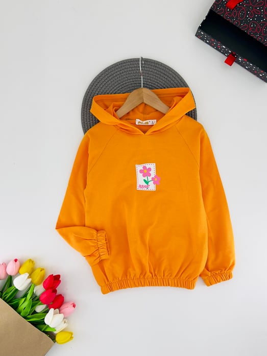 624424 Ön Çiçek Baskılı Altı Büzgülü Kız Çocuk Sweat-KAVUN İÇİ