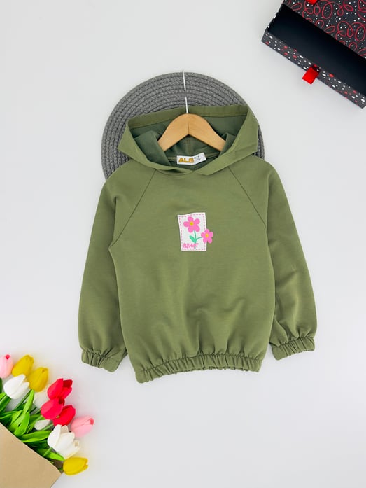 624424 Ön Çiçek Baskılı Altı Büzgülü Kız Çocuk Sweat-YEŞİL