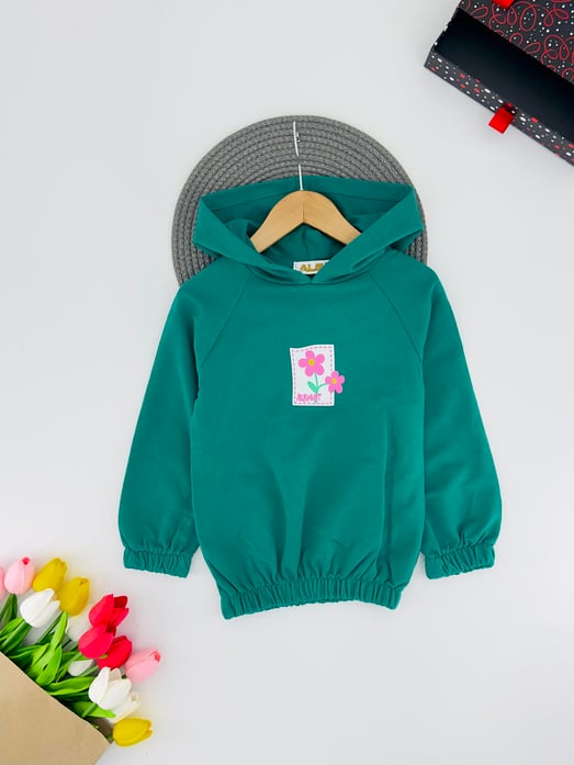 624424 Ön Çiçek Baskılı Altı Büzgülü Kız Çocuk Sweat-ÇİM YEŞİLİ