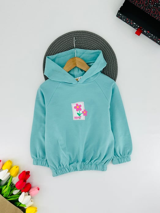 624424 Ön Çiçek Baskılı Altı Büzgülü Kız Çocuk Sweat-MİNT YEŞİL