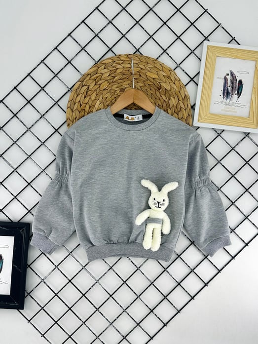 624428 Tavşan Detaylı İki İplik Şardonlu Unısex Penye Sweat-GRİ