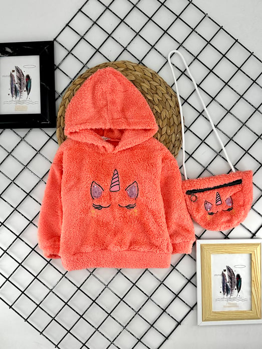 624431 Uncrn Detaylı Çantalı Kız Çocuk  Peluş Hırka-SOMON