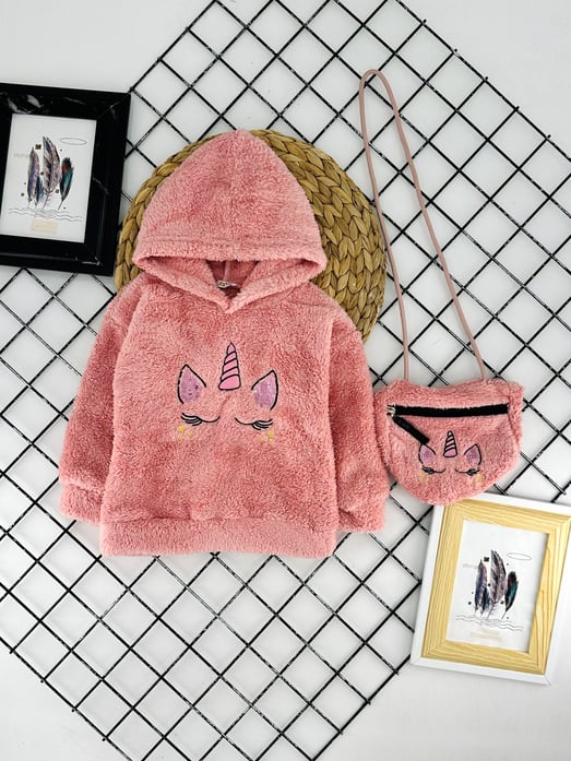 624431 Uncrn Detaylı Çantalı Kız Çocuk  Peluş Hırka-PEMBE