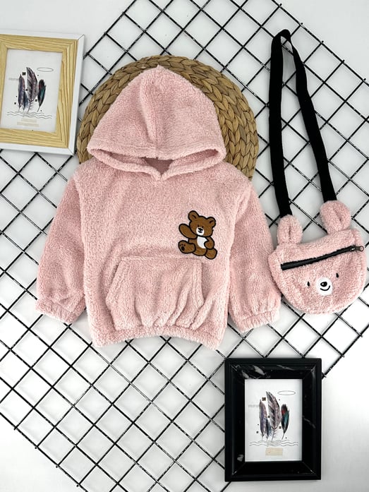 624433 Önü Ayıcık Nakışlı Çantalı Kız Çocuk Peluş Hırka-PUDRA