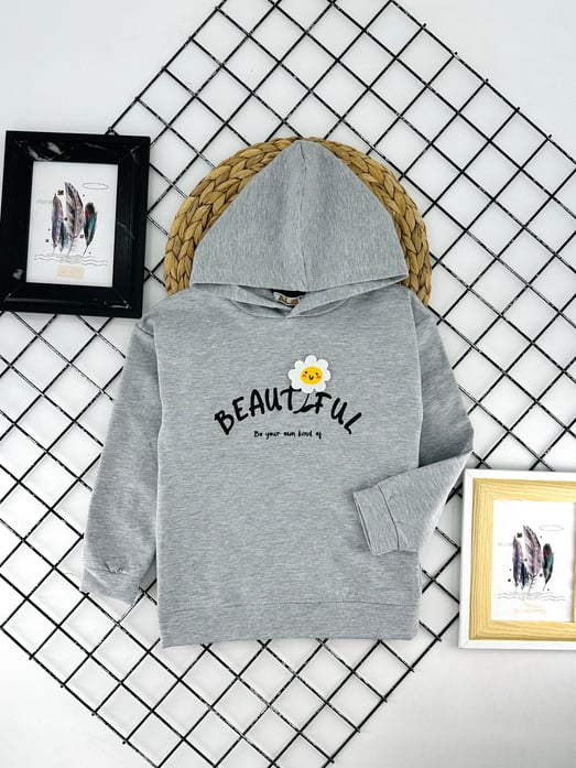 624817 Çiçek Baskılı Kız Çocuk İki İplik Penye Sweat-GRİ