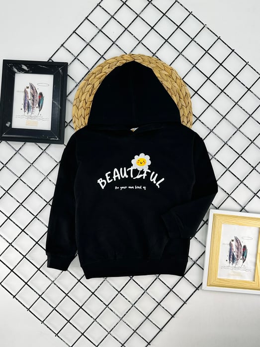 624817 Çiçek Baskılı Kız Çocuk İki İplik Penye Sweat-SİYAH