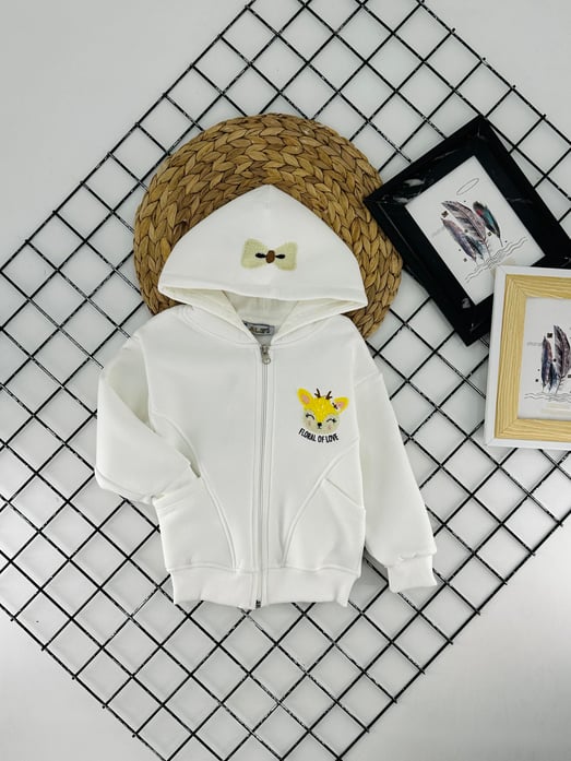 625547 Floral Kedi Nakışlı Kız Çocuk Kapşonlu İki İplik Hırka-KREM
