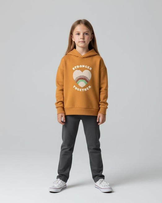 6264256 Stronger Yazılı Pul Kalp Nakışlı Kız Çocuk Üç İp Sweat-KAVUN İÇİ