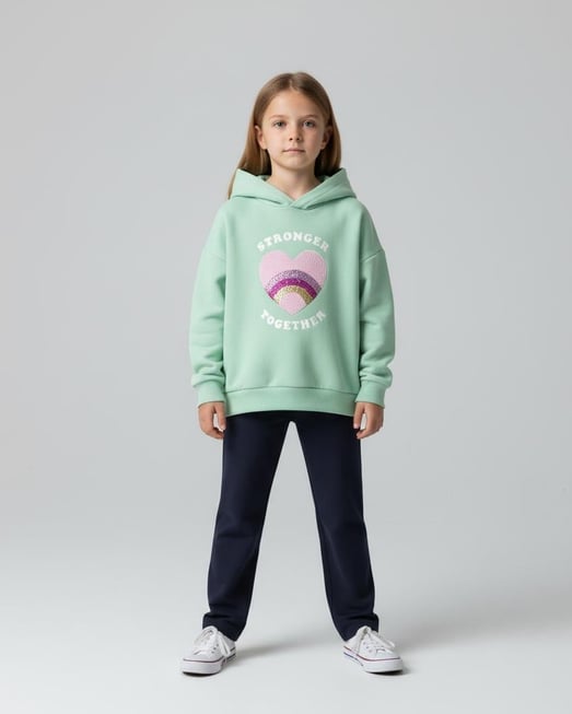 6264256 Stronger Yazılı Pul Kalp Nakışlı Kız Çocuk Üç İp Sweat-YEŞİL