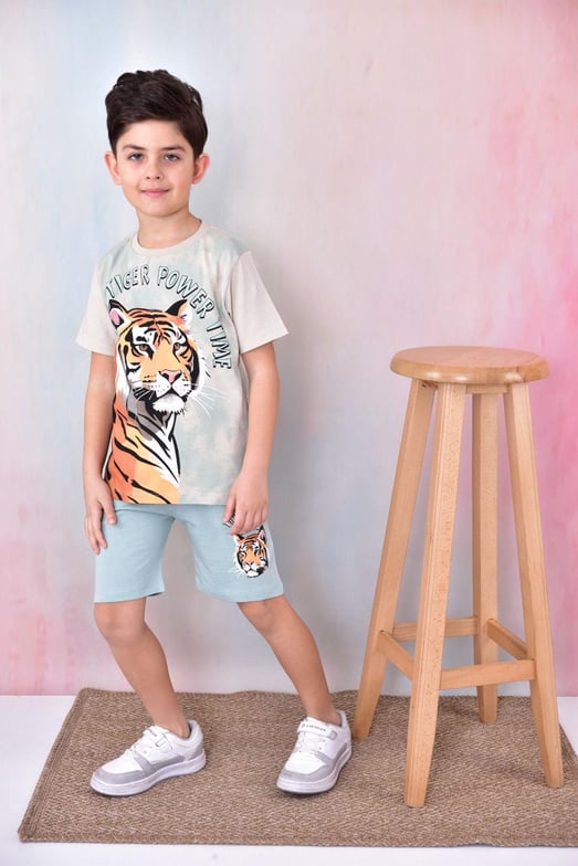 6341 Tiger Power Baskılı Erkek Çocuk Penye Şortlu Takım-YEŞİL
