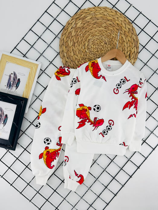 6500-5 Dino Top Baskılı Erkek Çocuk İki İplik Şardonlu Pijama Takım (3-7 Yaş)-KIRMIZI