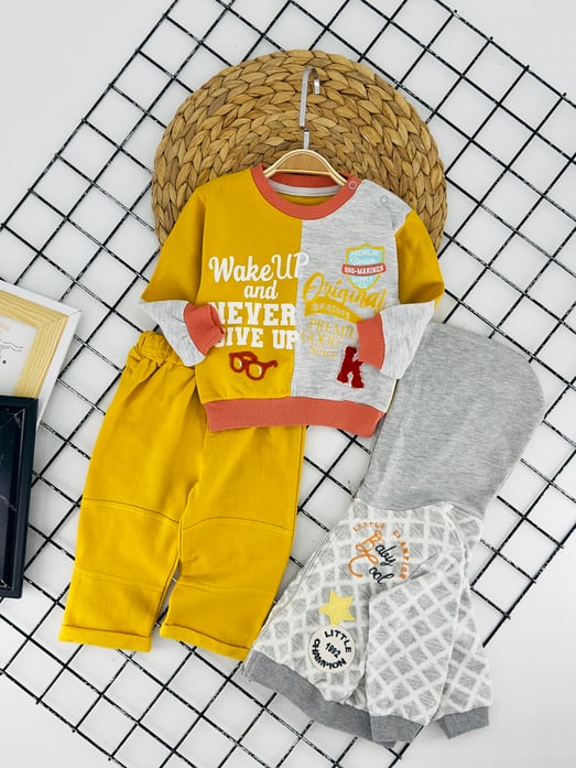 654 Baby Cool Yıldız Nakışlı Erkek Bebek Üçlü Takım-SARI
