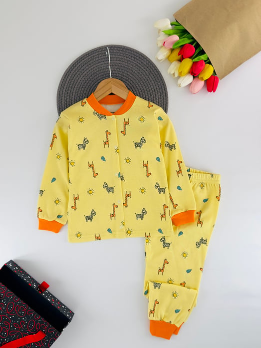 656-2 Çıtçıtlı Güneş Baskılı Unisex Çocuk Pijama Takımı-SARI
