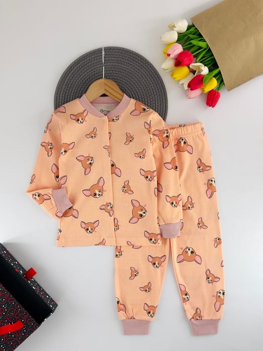 656-5 Geyik Baskılı Önü Çıtçıtlı Kız Çocuk Pijama Takımı-SOMON