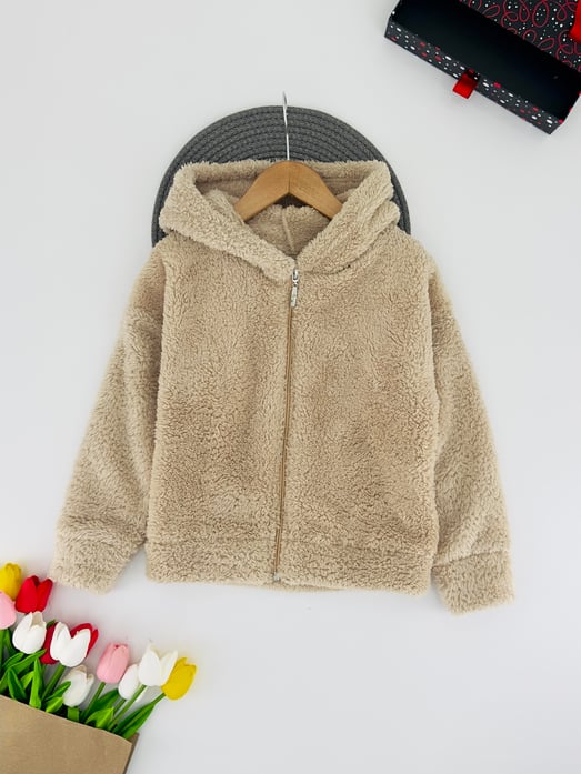 666-4 Önü İki Cepli Unisex Çocuk Polar Hırka-BEJ
