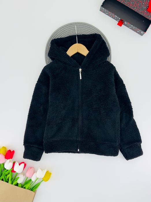 666-4 Önü İki Cepli Unisex Çocuk Polar Hırka-SİYAH