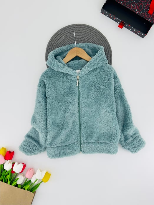 666-4 Önü İki Cepli Unisex Çocuk Polar Hırka-YEŞİL