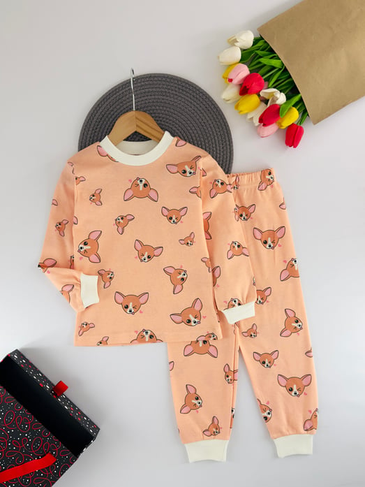 666-6 Geyik Baskılı Bisiklet Yaka Kız Çocuk Pijama Takımı-SOMON