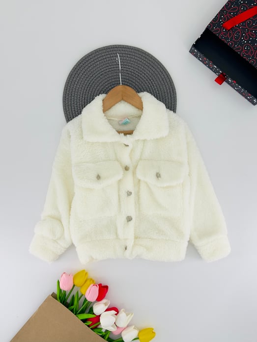 666 Önü İki Cepli Arkası Lbb Baskılı Kız Çocuk Polar Hırka-KREM