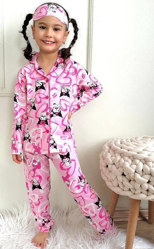 6666-12 Kalp Krm Baskılı Bandanalı Kız Çocuk Yakalı Pijama Takım-PEMBE