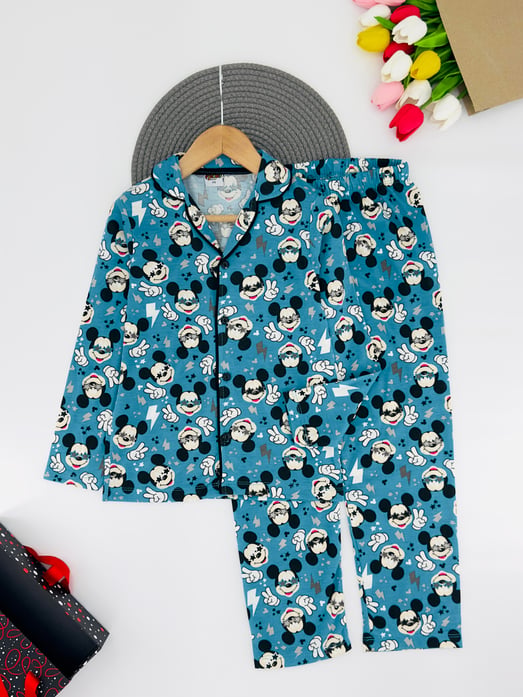 6666-16 Mcky Baskılı Erkek Çocuk Yakalı Pijama Takım-PETROL MAVİ