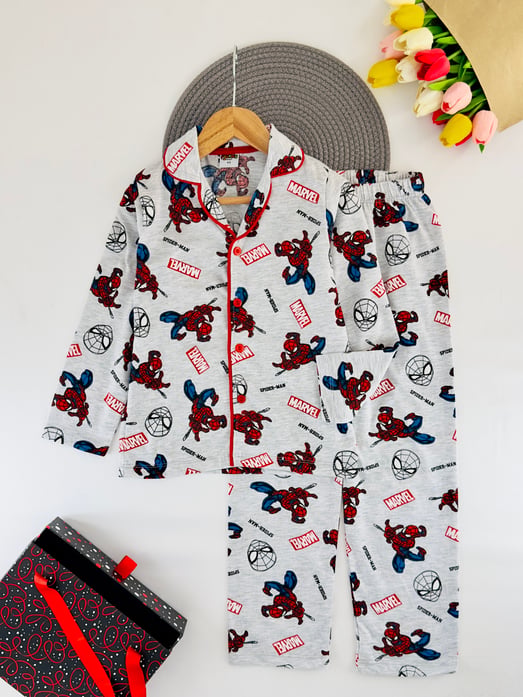 6666-17 Marvel Baskılı Uzun Kol Penye Kumaş Erkek Çocuk Pijama takım-GRİ