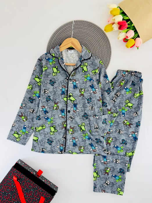 6666-20 Mınecraft Baskılı Erkek Çocuk Pijama Takım-FÜME