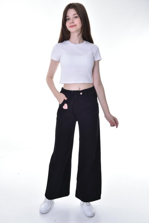 669-3 Bel Lastikli Kalp Detaylı Kız Çocuk Baggy Kot Pantolon (6/10 Yaş)-SİYAH