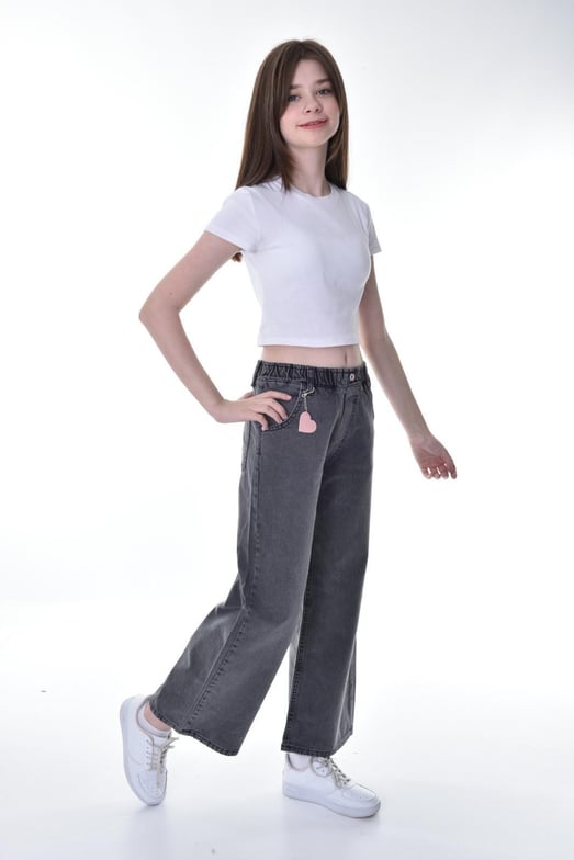 669-3 Bel Lastikli Kalp Detaylı Kız Çocuk Baggy Kot Pantolon (6/10 Yaş)-ANTRASİT