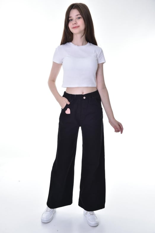 669-4 Bel Lastikli Kalp Detaylı Kız Çocuk Baggy Kot Pantolon (11/15 Yaş)-SİYAH