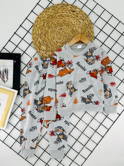 6700-4 Bambi Geyik Baskılı Kız Çocuk Inc Pijama Takım-GRİ