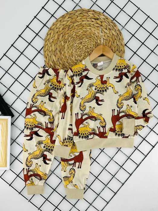 6700-8 Dino Baskılı Inc Erkek Çocuk Pijama Takım-KREM