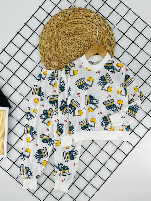 6700-9 İş Makinası Kepçe Baskılı Inc Erkek Çocuk Pijama Takım-BEYAZ