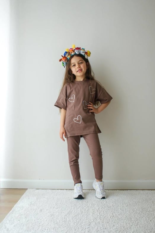 6729 Kalp Pul İşlemeli Kız Çocuk Taytlı Takım-KAHVE