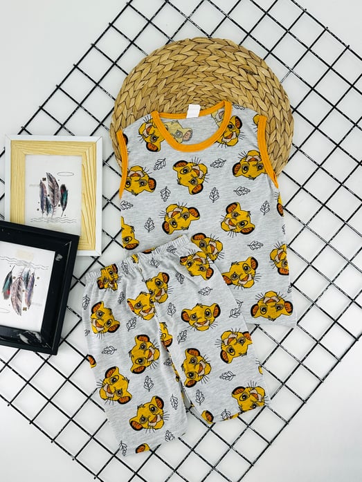 6800-4 Ln Kng Baskılı Erkek Çocuk Askılı Penye Şortlu Takım-SARI