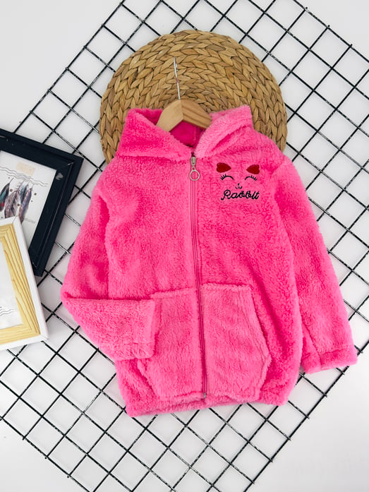 690-1 Kedi Nakışlı Kapşonlu Kız Çocuk Polar Hırka-PEMBE