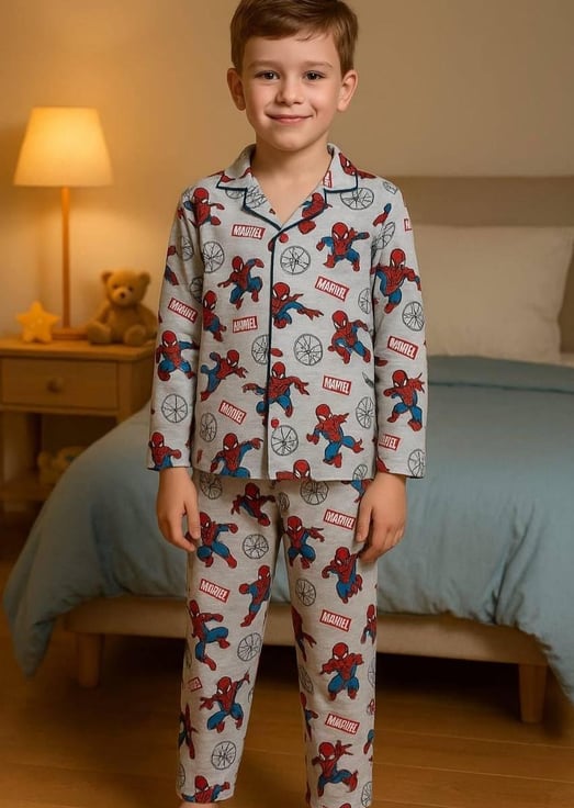 703 Marvel Yazılı Örümcek Baskılı Erkek Çocuk Penye Pijama Takım-GRİ