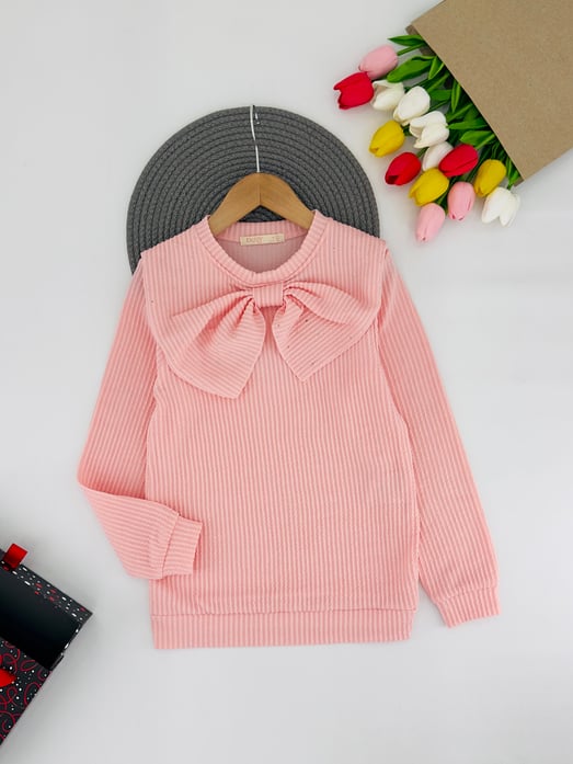 7087 Yaka Fiyonklu Taşlı Kız Çocuk Fitilli Kumaş Bady-PEMBE