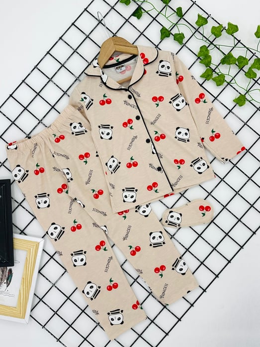 715 Panda Baskılı Kız Çocuk Penye Bandanalı Pijama Takım-BEJ