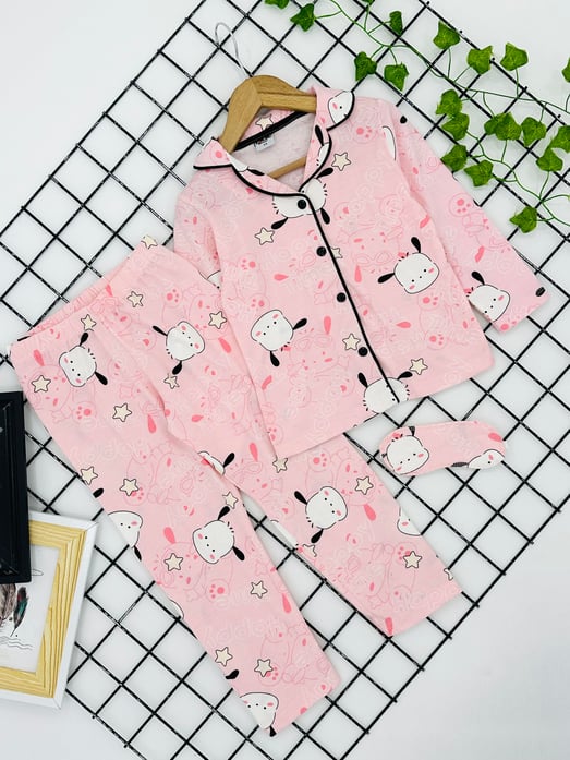 721 Sevimli Hayvan Yıldız Baskılı Kız Çocuk Penye Bandanalı Pijama Takım-PEMBE
