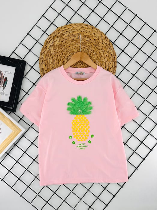 725594 Ananas  Baskılı Kız Çocuk Penye Tişört-TOZ PEMBE