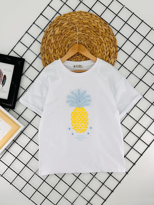 725594 Ananas  Baskılı Kız Çocuk Penye Tişört-BEYAZ