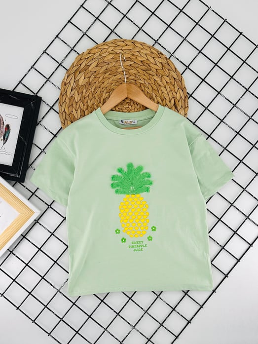 725594 Ananas  Baskılı Kız Çocuk Penye Tişört-YEŞİL