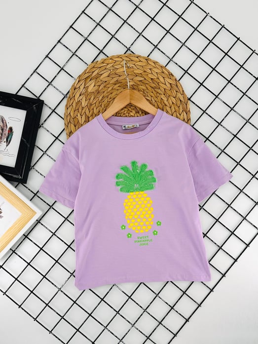 725594 Ananas  Baskılı Kız Çocuk Penye Tişört-LİLA
