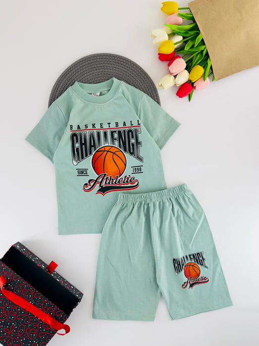 800-6 Challenge Yazılı Top Baskılı Erkek Çocuk Şortlu Takım-YEŞİL