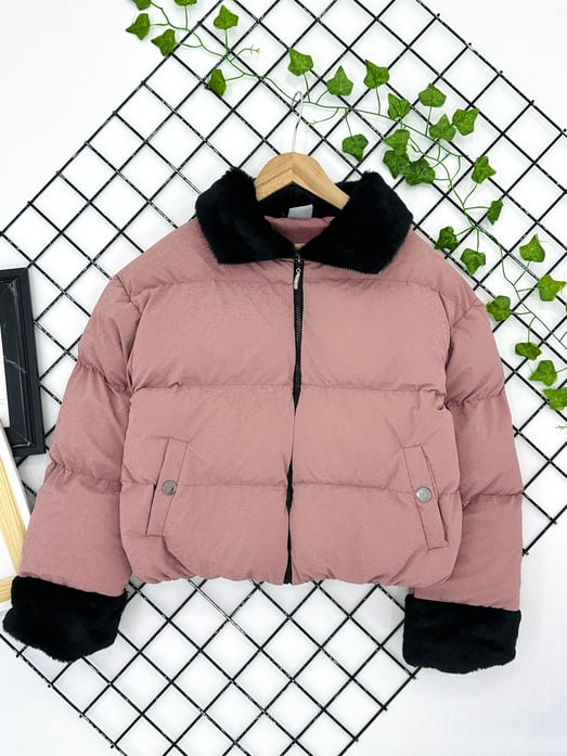 8010-11 Dik Yaka Kız Çocuk Şişme Crop Mont-GÜL KURUSU