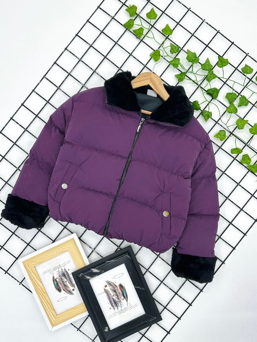 8010-11 Dik Yaka Kız Çocuk Şişme Crop Mont-MOR