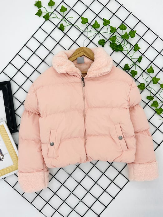 8010-11 Dik Yaka Kız Çocuk Şişme Crop Mont-PUDRA