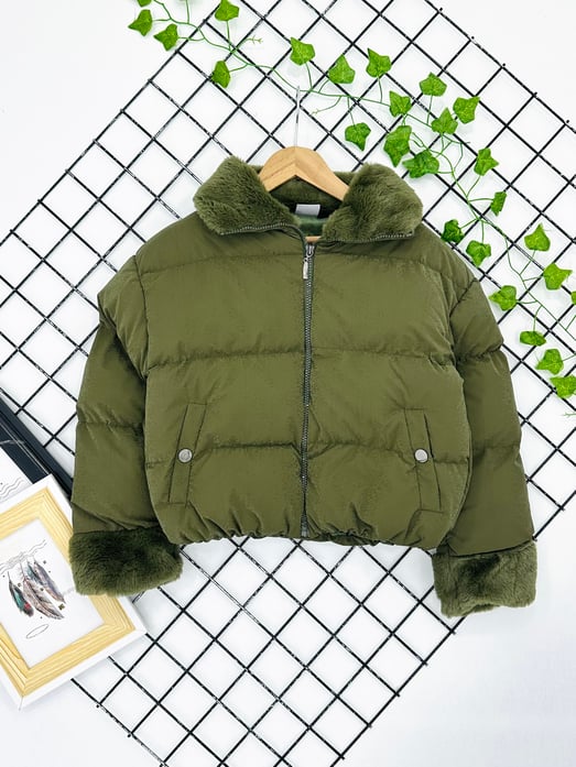 8010-11 Dik Yaka Kız Çocuk Şişme Crop Mont-YEŞİL